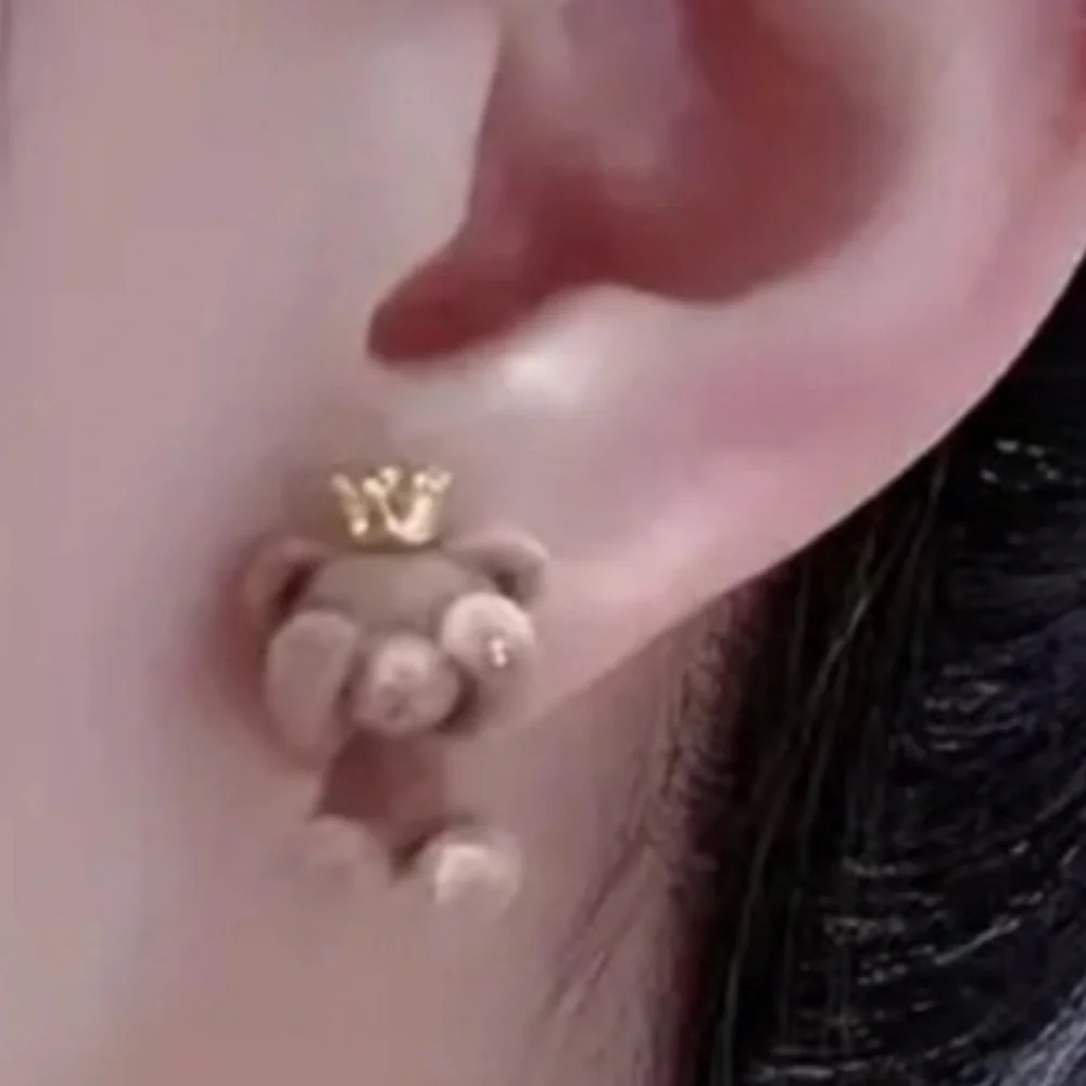 Charming Cream Teddy Bear Earrings with Gold Crown - Picture 2 of 6